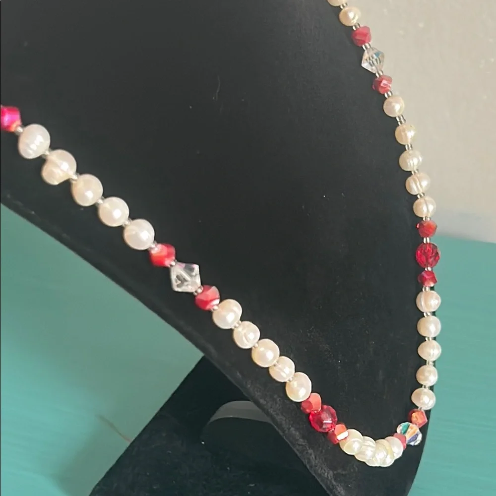 Hand Crafted Classic White Freshwater Pearl and Red Faceted Beaded Necklace Set